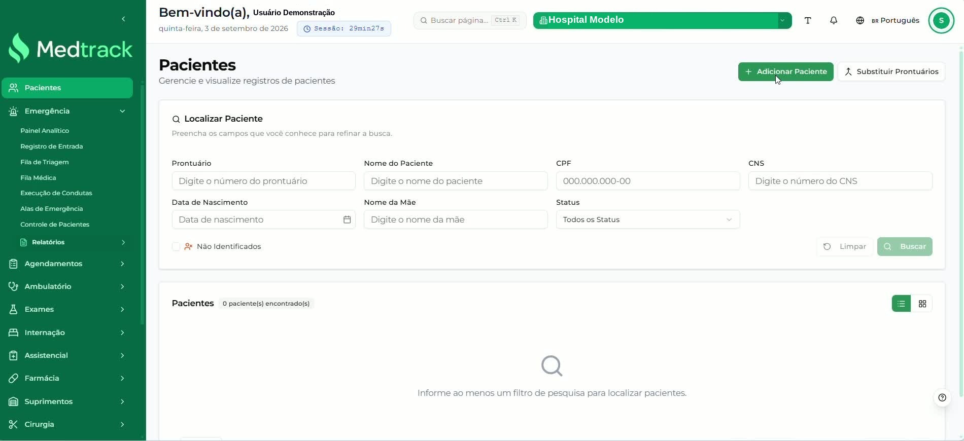 Tela inicial de Pacientes do MedTrack com a área Localizar Paciente e o botão Adicionar Paciente