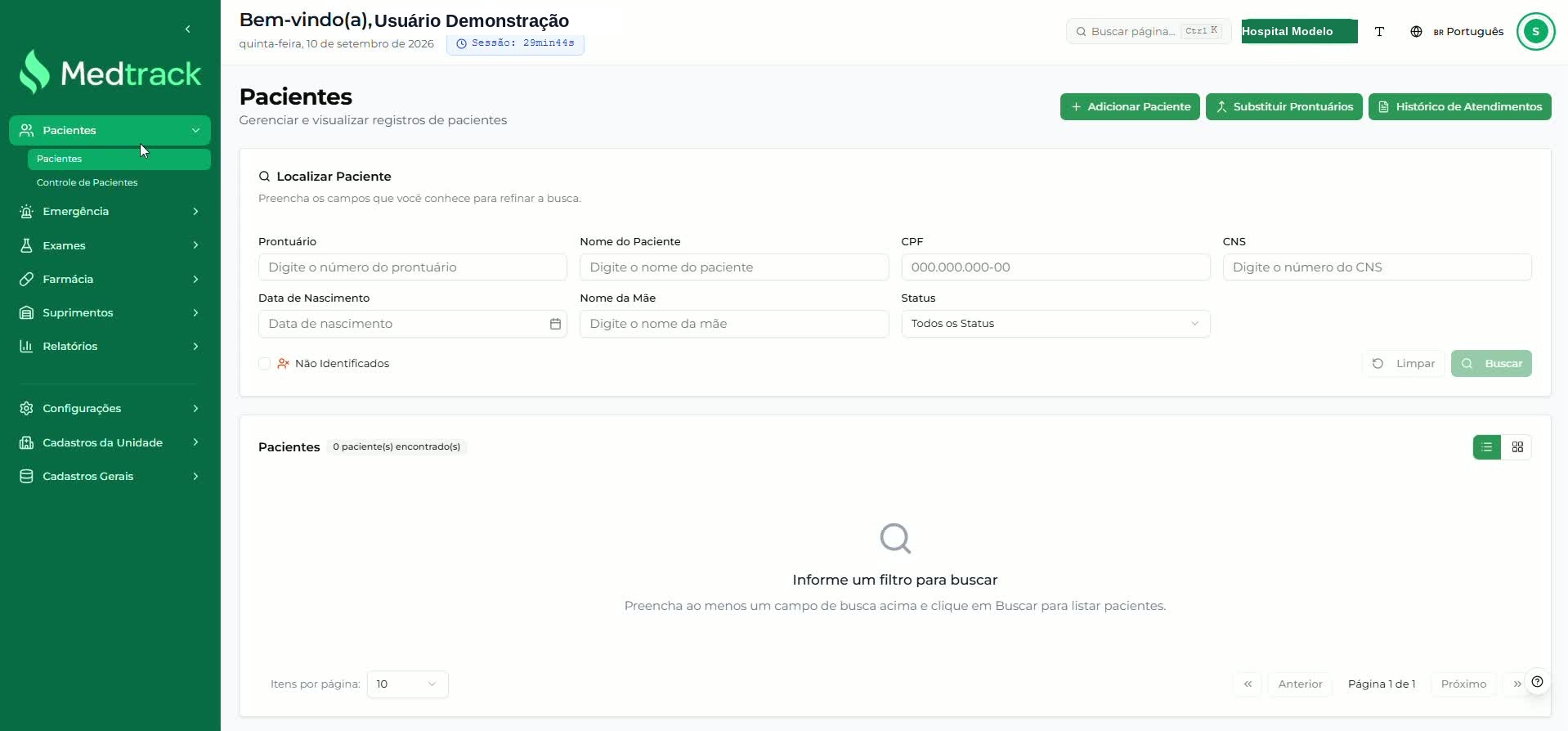 Tela Pacientes com o botão Substituir Prontuários no topo da página