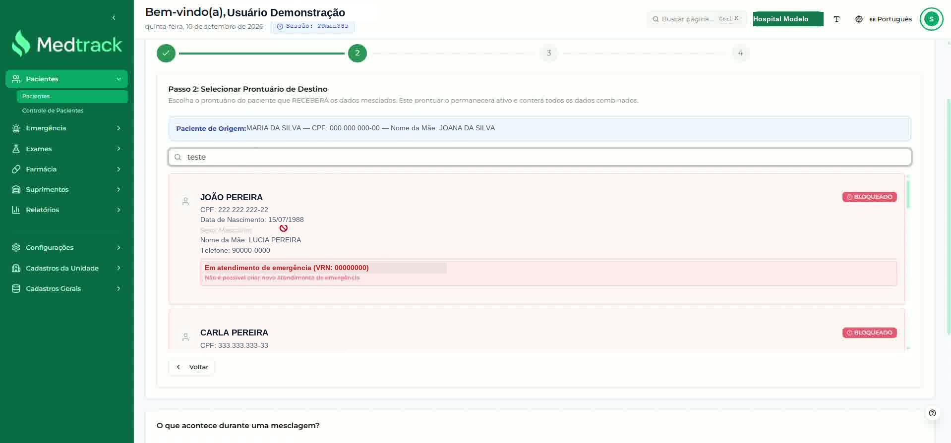 Lista de prontuários com registro marcado como BLOQUEADO e o motivo apresentado