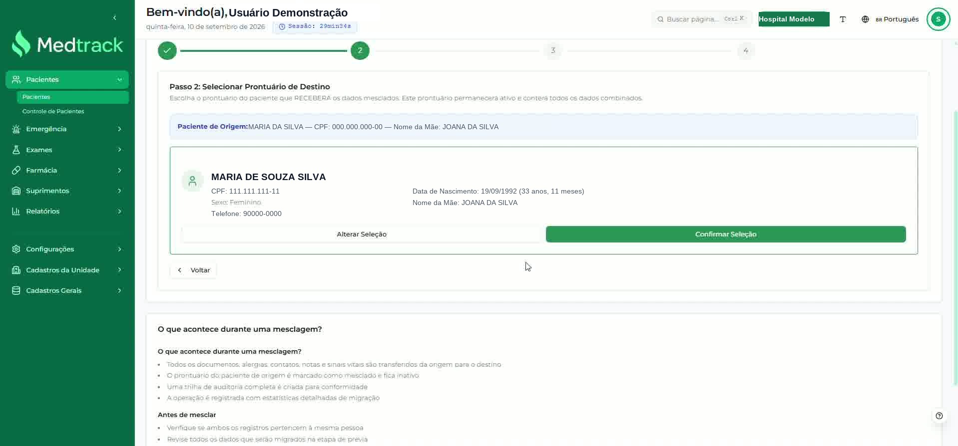 Passo 2 com o paciente de origem, o prontuário de destino selecionado e as ações da etapa