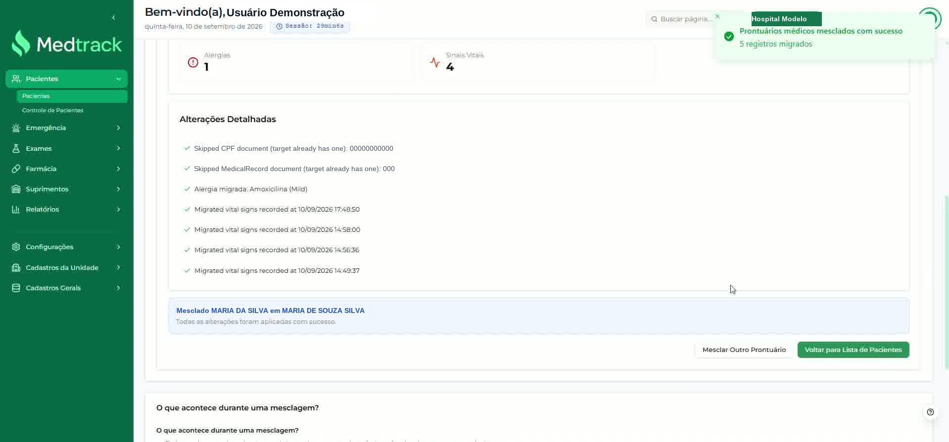 Resultado da mesclagem com a mensagem de sucesso, as alterações detalhadas e as ações finais