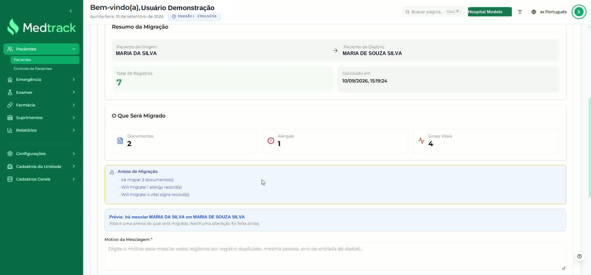 Resumo da migração, categorias do que será migrado e avisos de migração